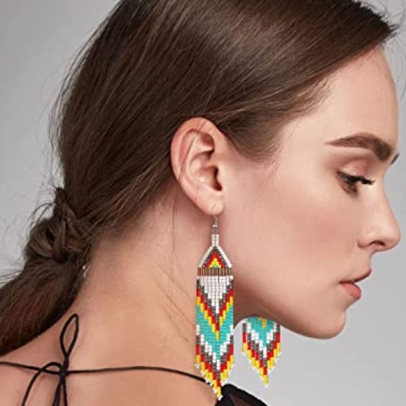 Long 4.5" White Turquoise Oversized Handmade Earrings New Southwestern - Picture 6 of 6